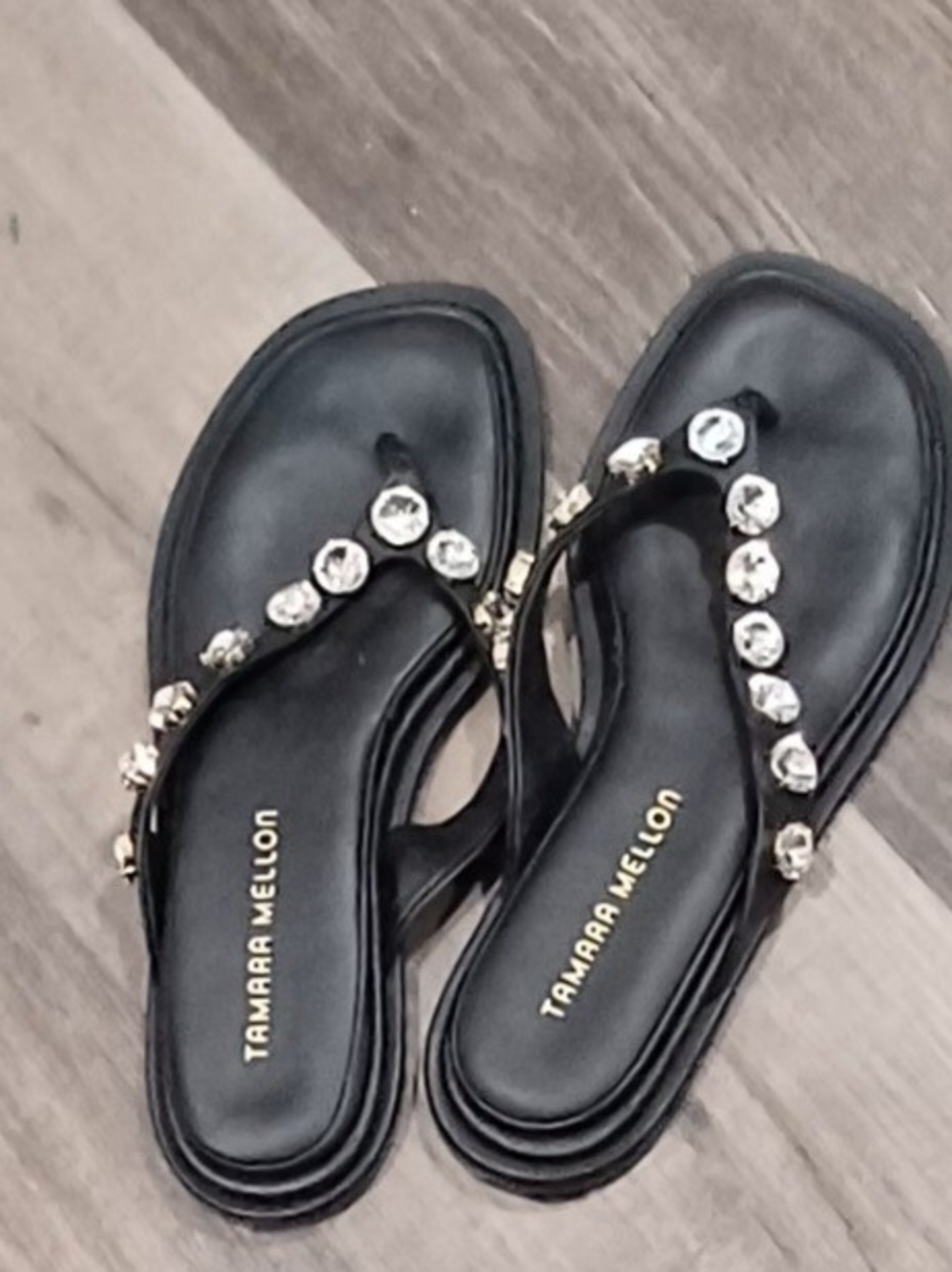 Tamara Mellon Black Italian Leather Embellished V-strap Thong Sandals